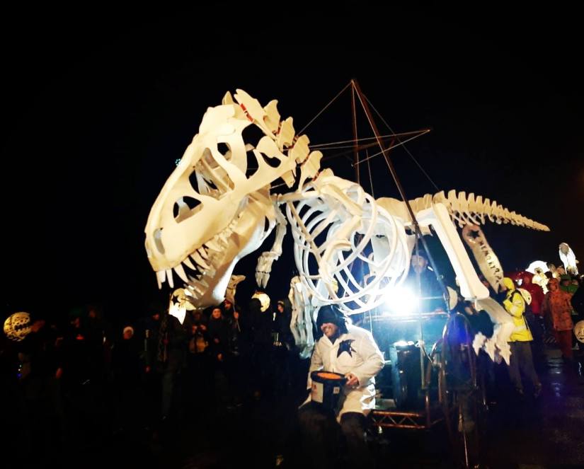 Picture of a dinosaur lantern at the Burning the Clocks festival in Brighton 21.12.2019